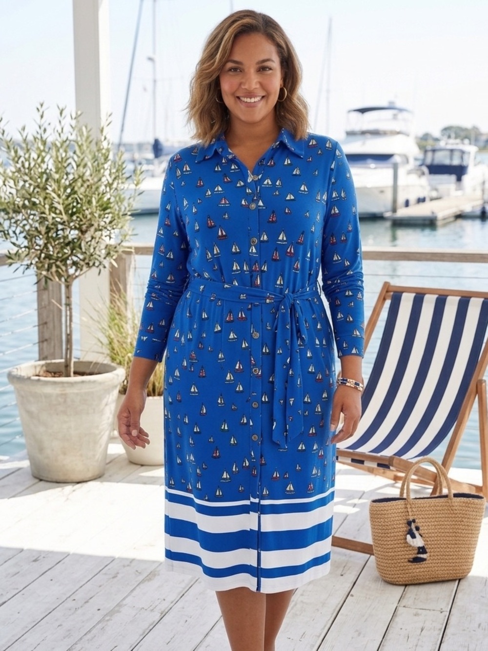 Leota Sailboat Novelty Print Long Sleeve Shirt Dress Blue XXL